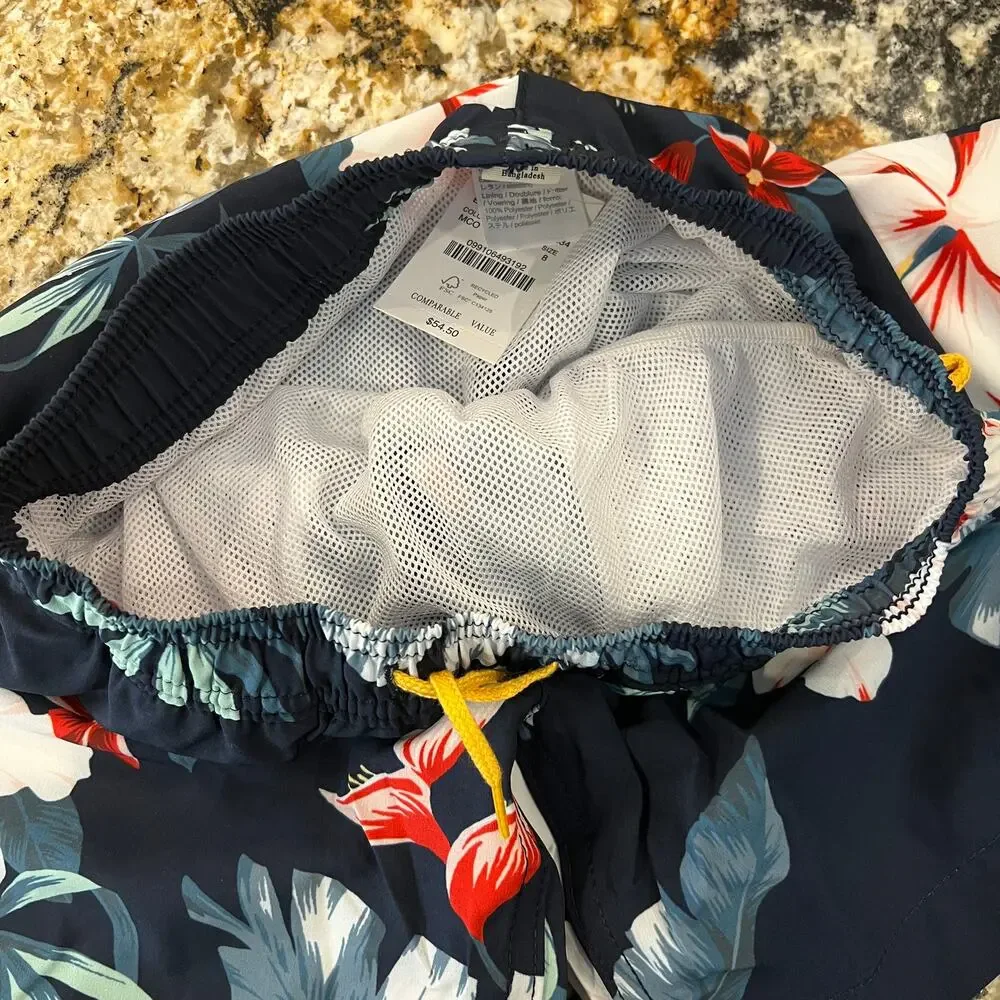 NWT J. Crew Boys' Navy W/Hibiscus Floral Print Swim Trunk